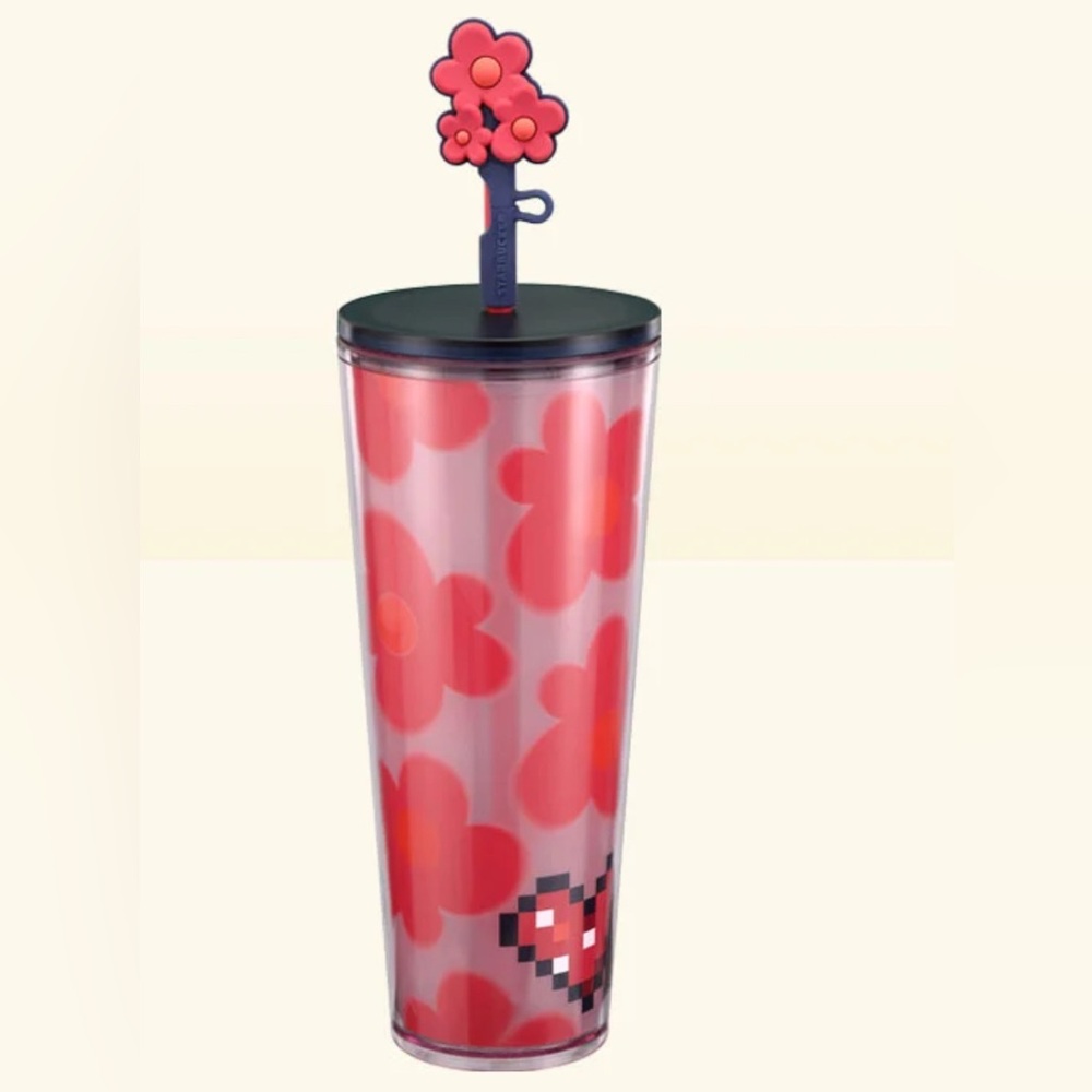 Starbucks 2025 clear pink w/red flowers plus, an adorable floral topper